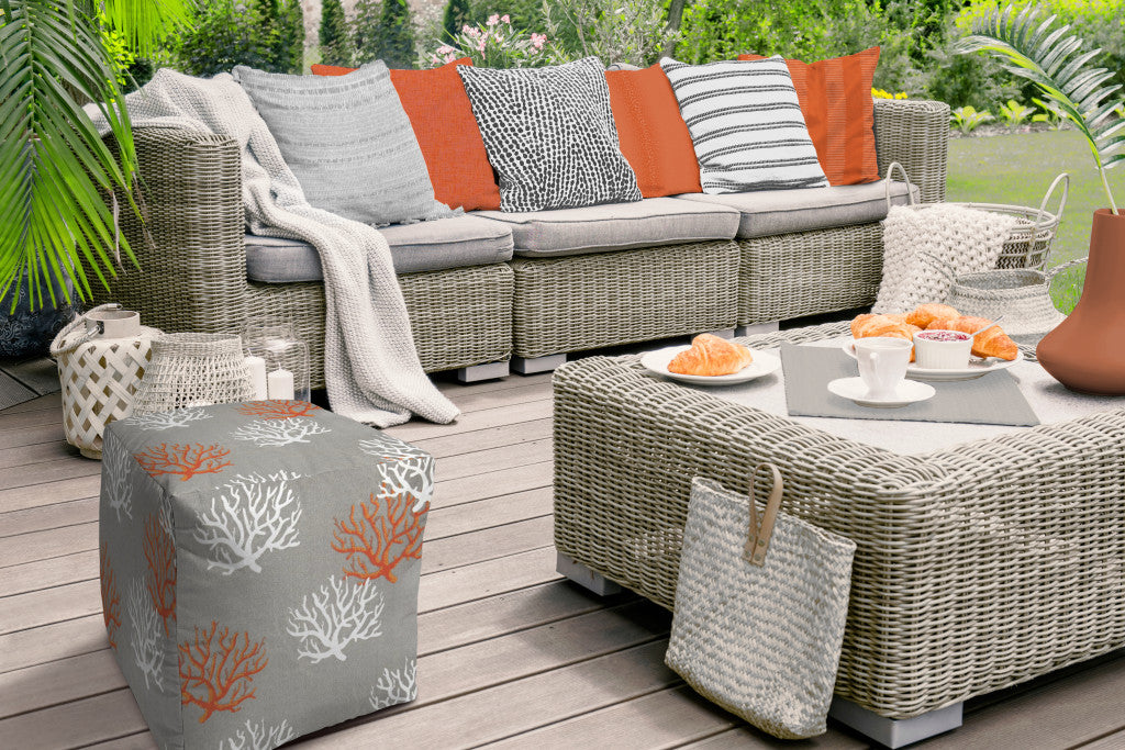 17" Gray and White Polyester Cube Coral Indoor Outdoor Pouf Ottoman