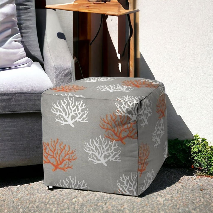 17" Gray and White Polyester Cube Coral Indoor Outdoor Pouf Ottoman