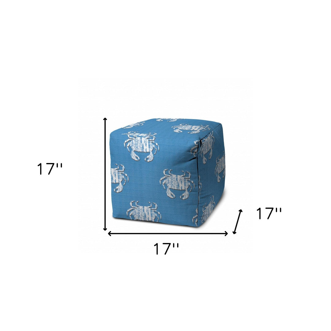 17" Blue and White Polyester Cube Crab Indoor Outdoor Pouf Ottoman