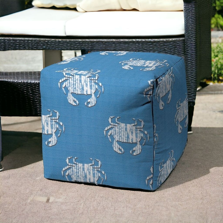 17" Blue and White Polyester Cube Crab Indoor Outdoor Pouf Ottoman