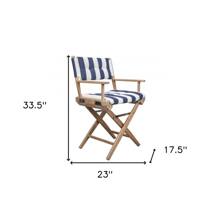 Blue and White And Brown Solid Wood Director Chair With Blue and White Cushion