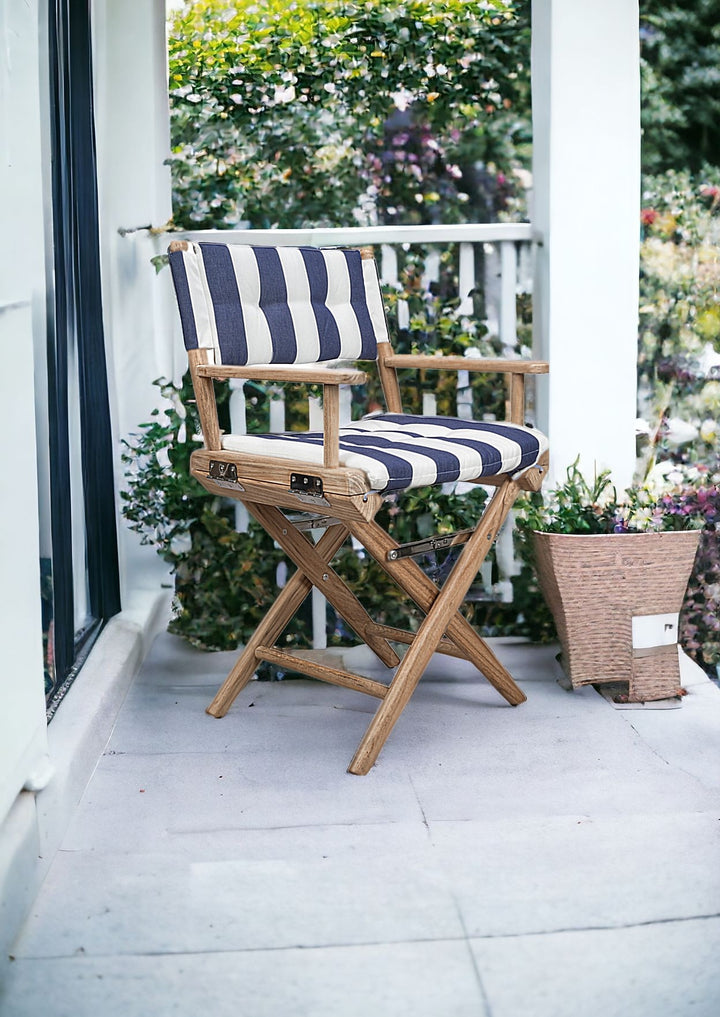 Blue and White And Brown Solid Wood Director Chair With Blue and White Cushion