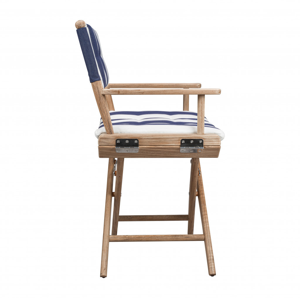 Blue and White And Brown Solid Wood Director Chair With Blue and White Cushion