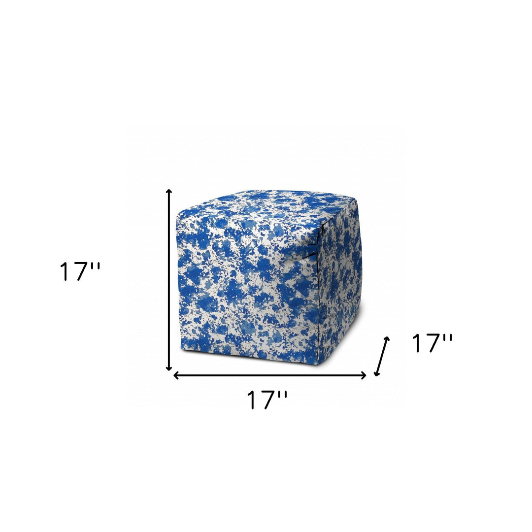 17" Blue and White Polyester Cube Abstract Indoor Outdoor Pouf Ottoman