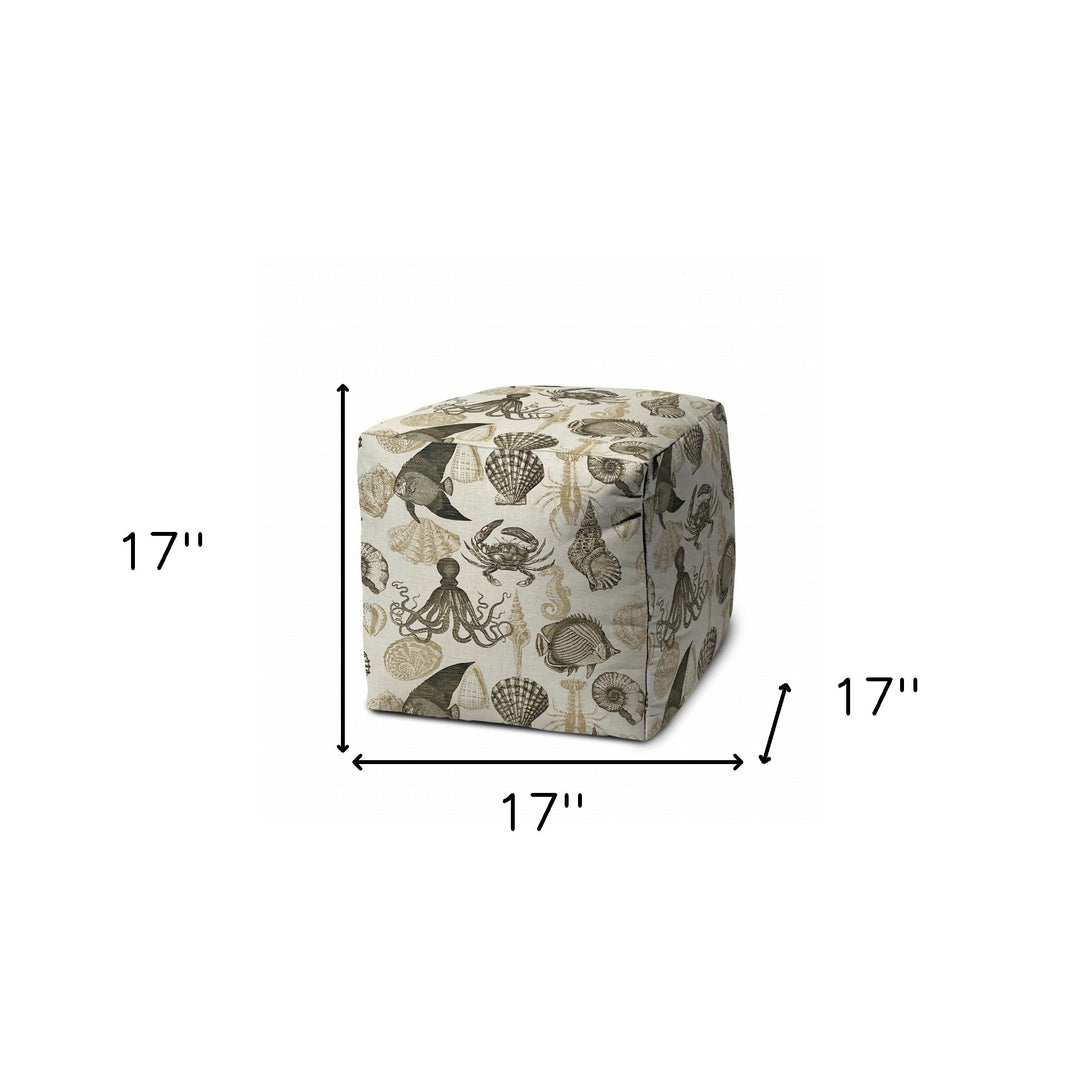 17" Beige and Gray Polyester Cube Coastal Indoor Outdoor Pouf Ottoman