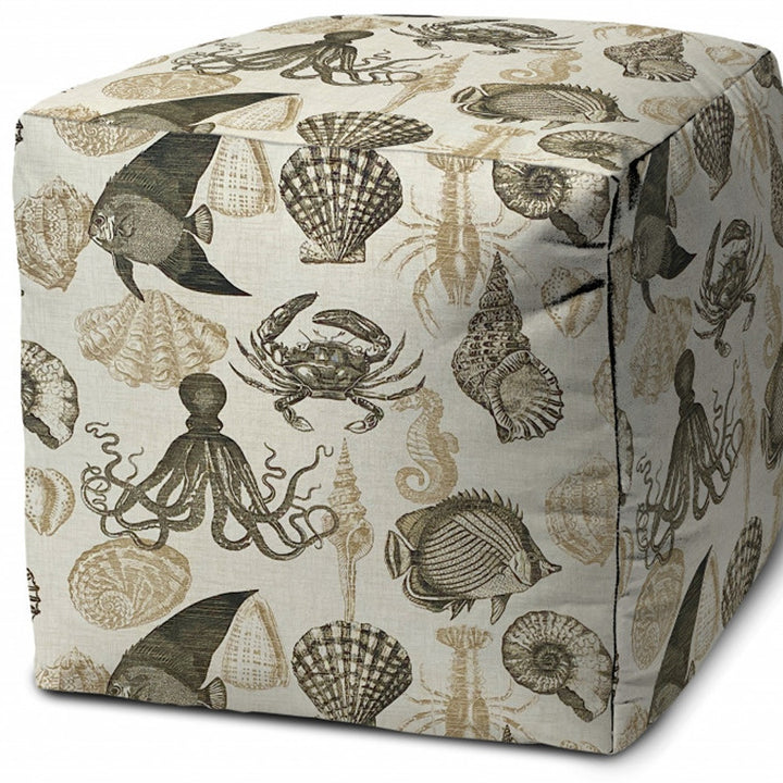 17" Beige and Gray Polyester Cube Coastal Indoor Outdoor Pouf Ottoman