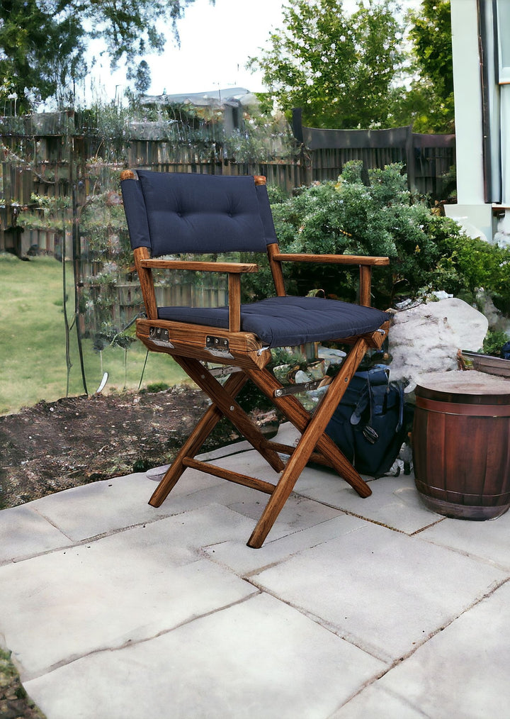 Navy Blue And Brown Solid Wood Director Chair With Navy Blue Cushion