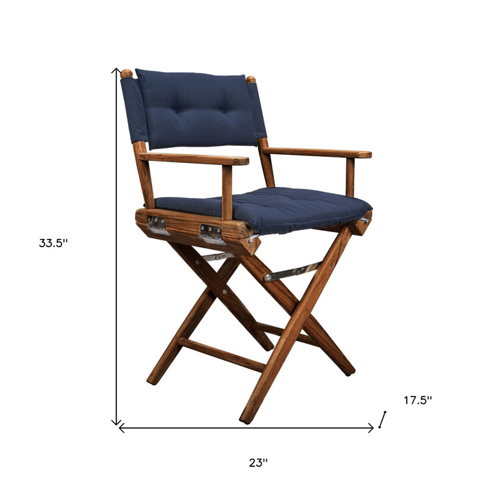 Navy Blue And Brown Solid Wood Director Chair With Navy Blue Cushion