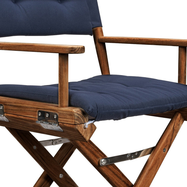 Navy Blue And Brown Solid Wood Director Chair With Navy Blue Cushion