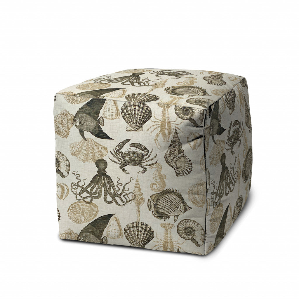 17" Beige and Gray Polyester Cube Coastal Indoor Outdoor Pouf Ottoman