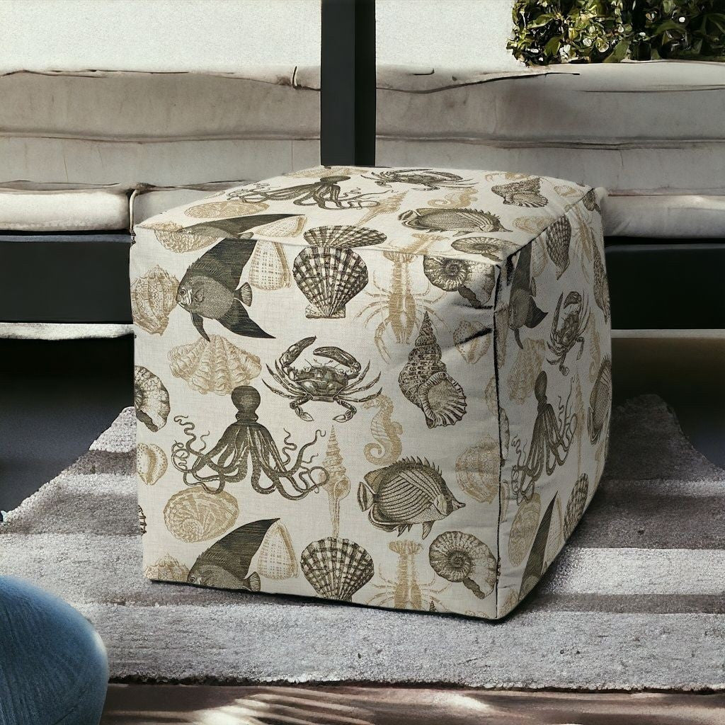 17" Beige and Gray Polyester Cube Coastal Indoor Outdoor Pouf Ottoman