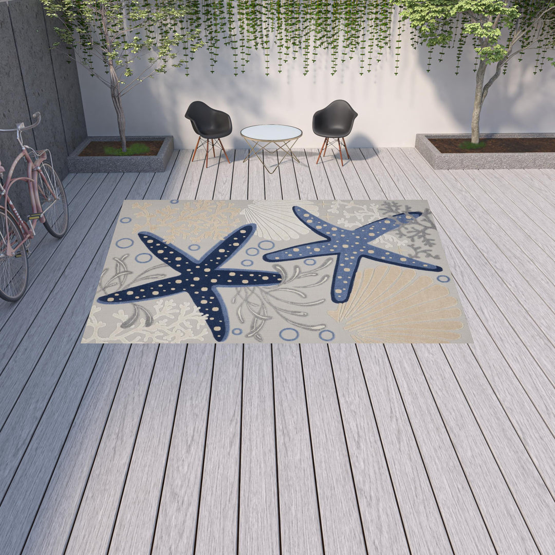 10' x 13' Blue and Gray Starfish Indoor Outdoor Area Rug