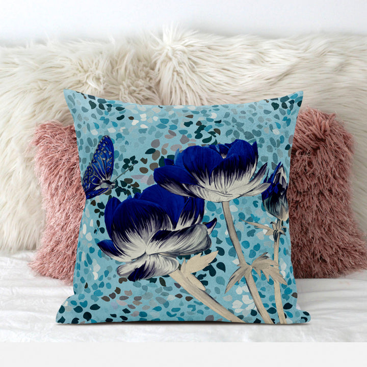 28" x 28" Blue Butterfly Blown Seam Floral Indoor Outdoor Throw Pillow