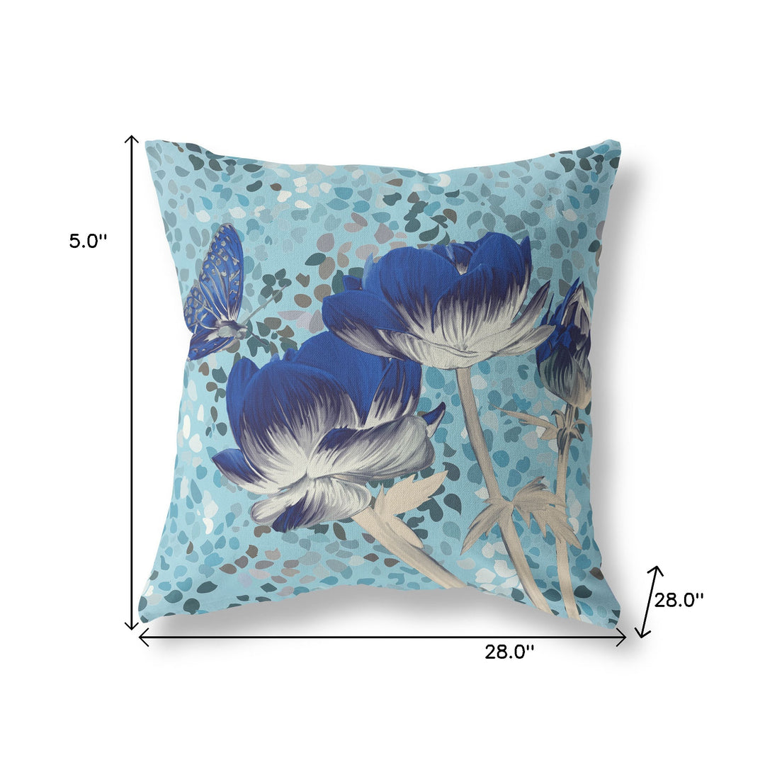 28" x 28" Blue Butterfly Blown Seam Floral Indoor Outdoor Throw Pillow