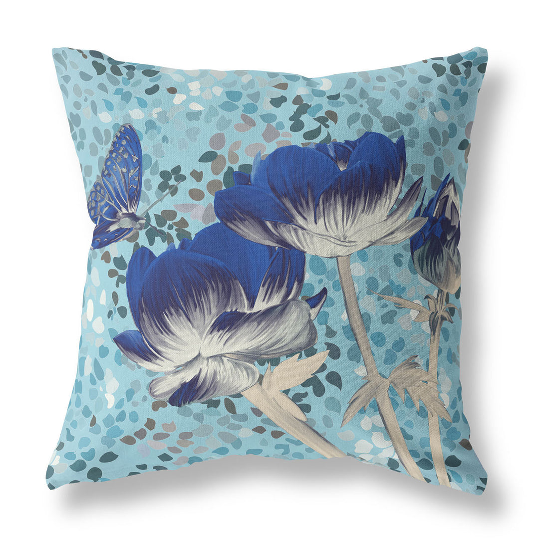 28" x 28" Blue Butterfly Blown Seam Floral Indoor Outdoor Throw Pillow