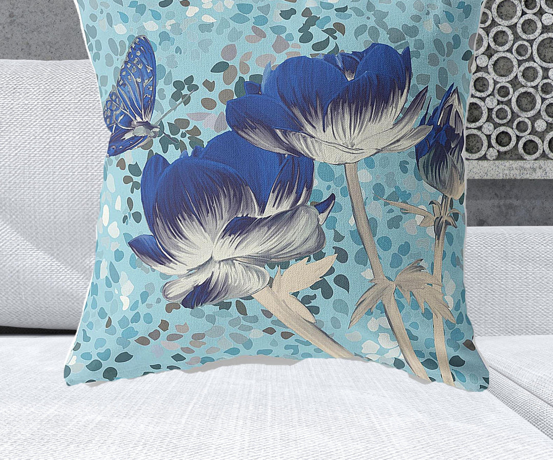 28" x 28" Blue Butterfly Blown Seam Floral Indoor Outdoor Throw Pillow