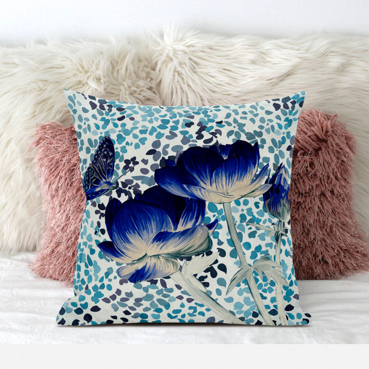 20" x 20" Blue and White Butterfly Blown Seam Floral Indoor Outdoor Throw Pillow