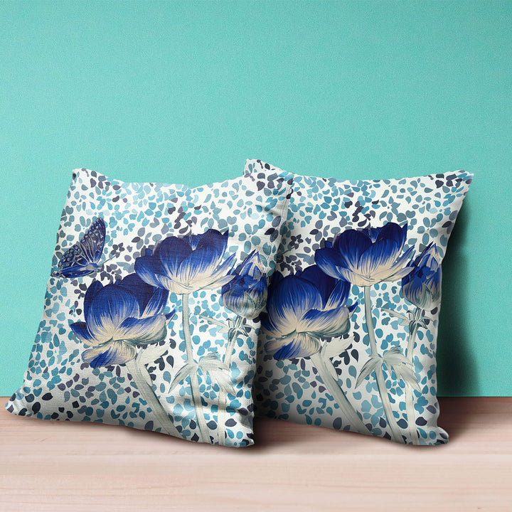 20" x 20" Blue and White Butterfly Blown Seam Floral Indoor Outdoor Throw Pillow