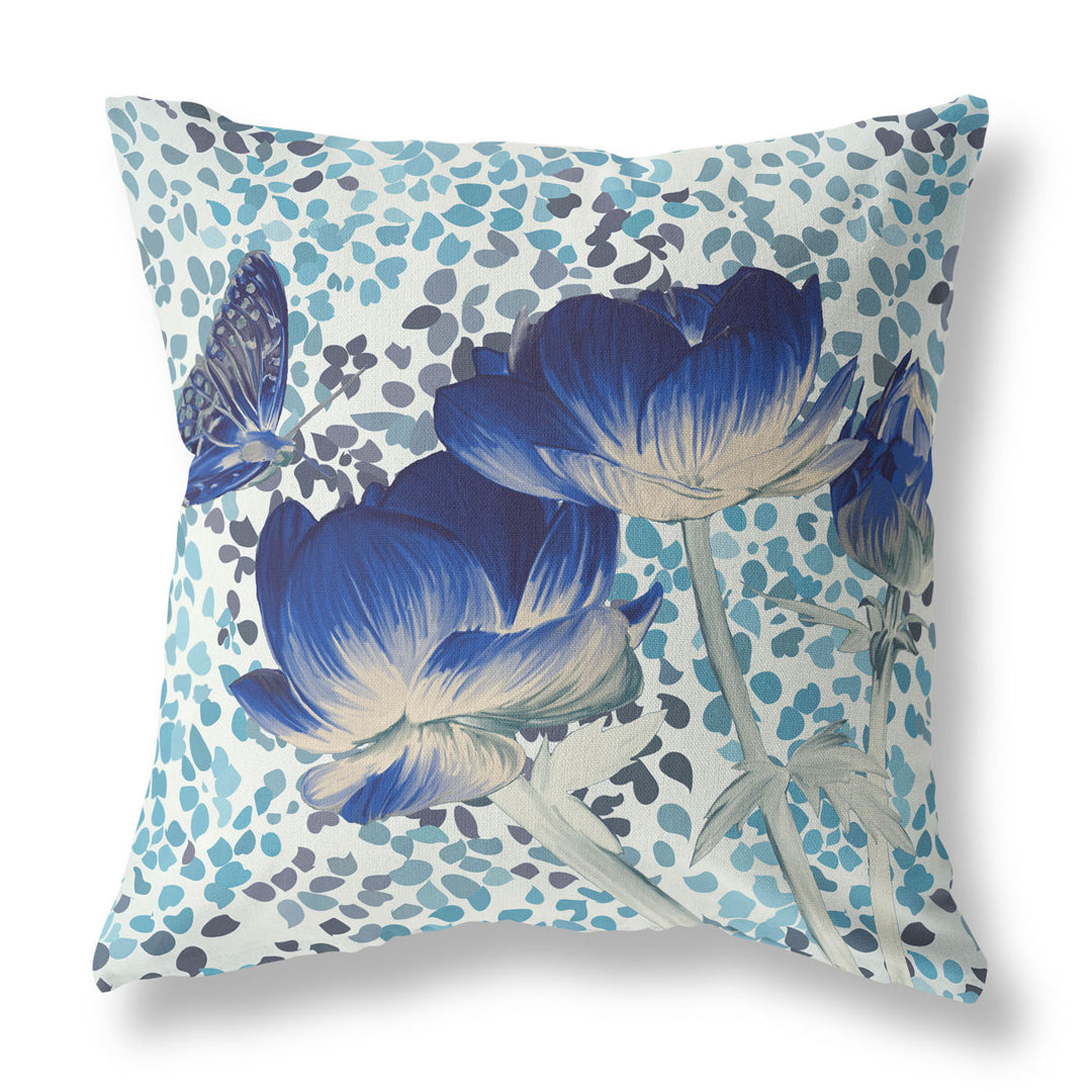 20" x 20" Blue and White Butterfly Blown Seam Floral Indoor Outdoor Throw Pillow