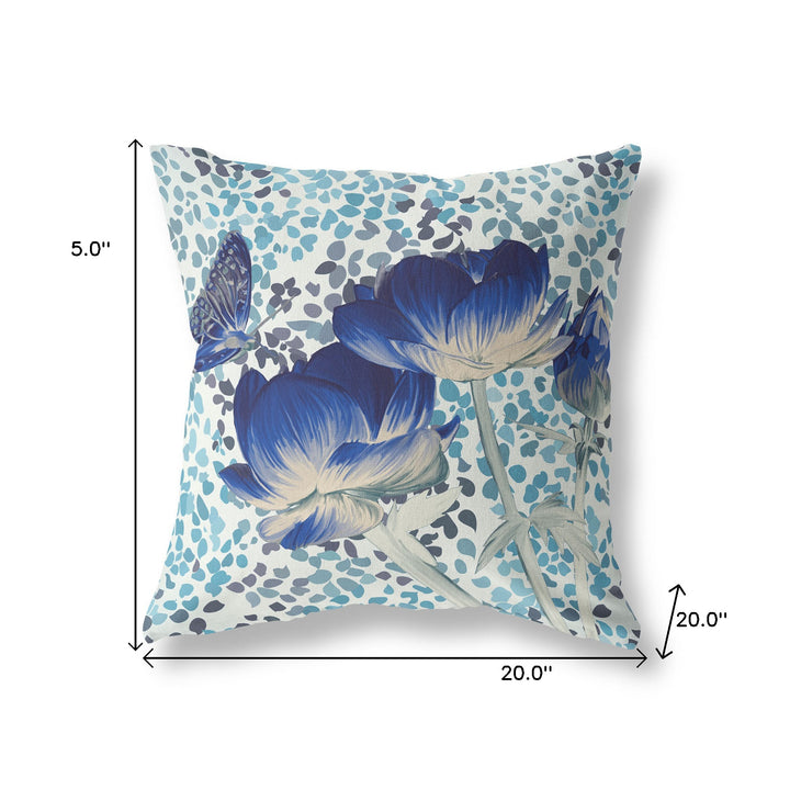 20" x 20" Blue and White Butterfly Blown Seam Floral Indoor Outdoor Throw Pillow