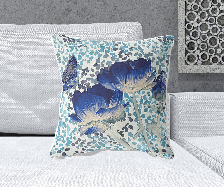 20" x 20" Blue and White Butterfly Blown Seam Floral Indoor Outdoor Throw Pillow