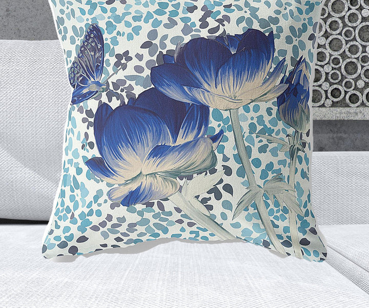 28" x 28" Blue and White Butterfly Blown Seam Floral Indoor Outdoor Throw Pillow