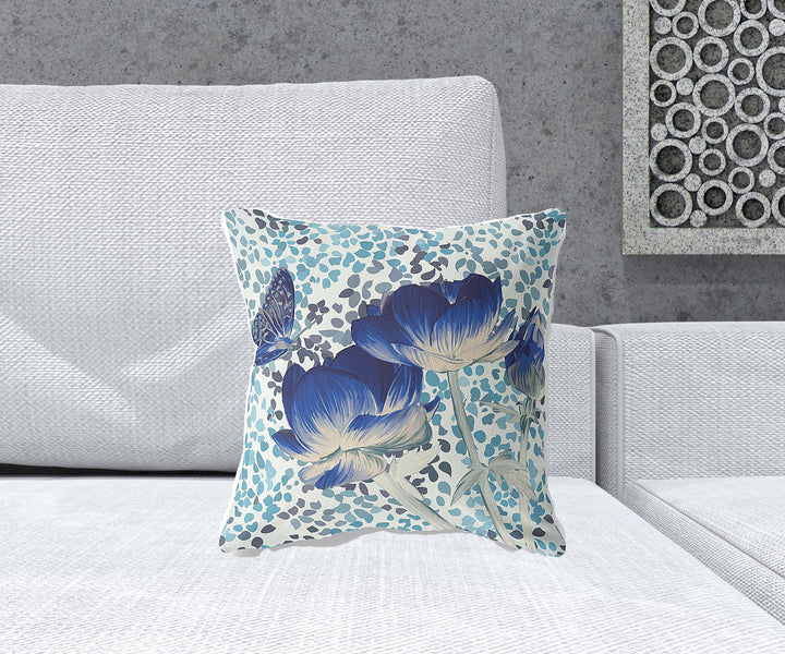 16" x 16" Blue and White Butterfly Blown Seam Floral Indoor Outdoor Throw Pillow