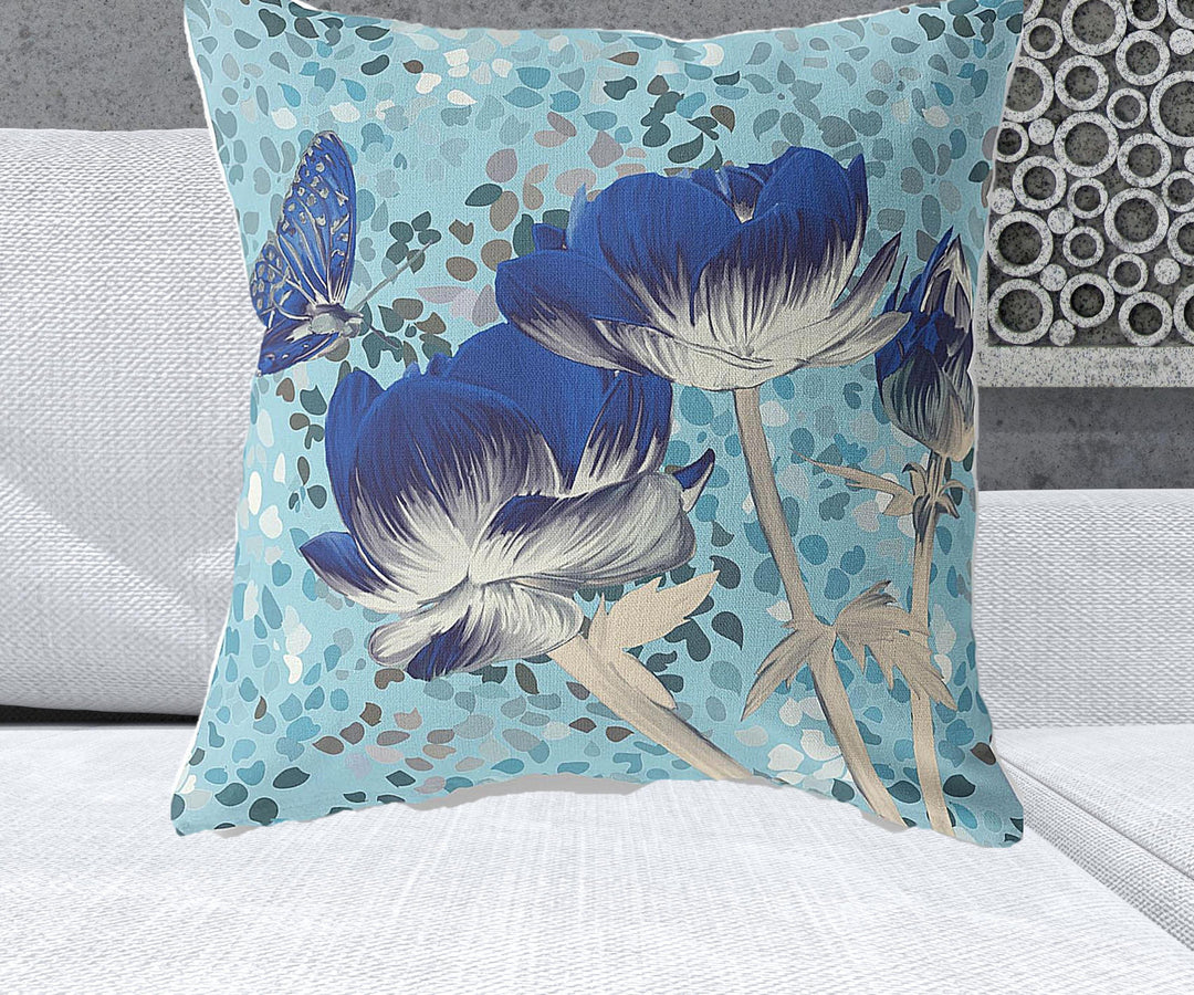 26" x 26" Blue Butterfly Blown Seam Floral Indoor Outdoor Throw Pillow