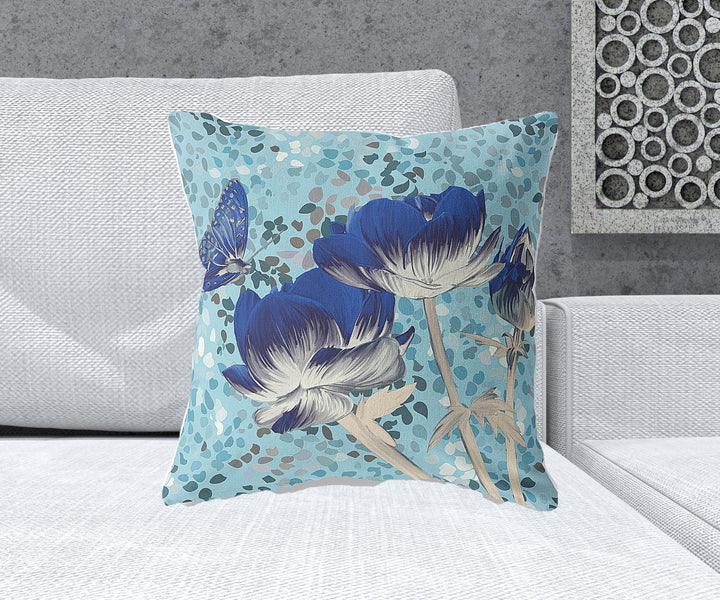 20" x 20" Blue Butterfly Blown Seam Floral Indoor Outdoor Throw Pillow