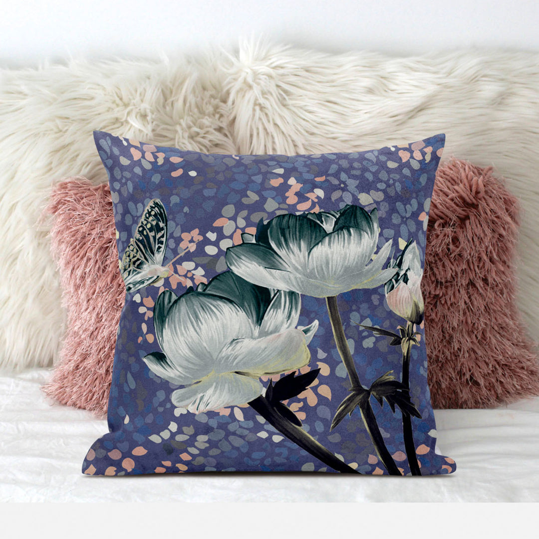 28" x 28" Blue and Gray Butterfly Blown Seam Floral Indoor Outdoor Throw Pillow