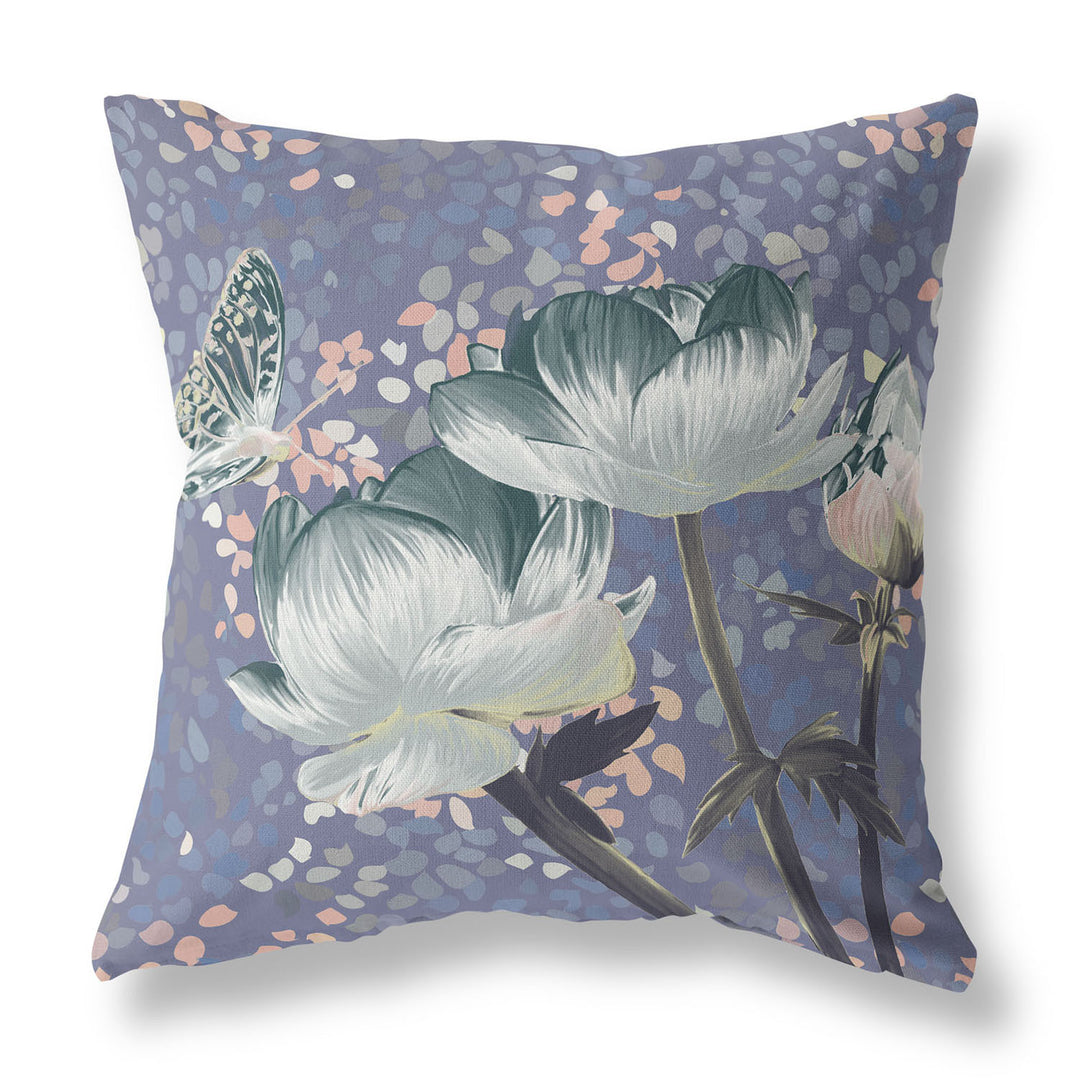 28" x 28" Blue and Gray Butterfly Blown Seam Floral Indoor Outdoor Throw Pillow