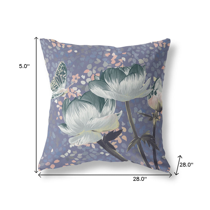 28" x 28" Blue and Gray Butterfly Blown Seam Floral Indoor Outdoor Throw Pillow