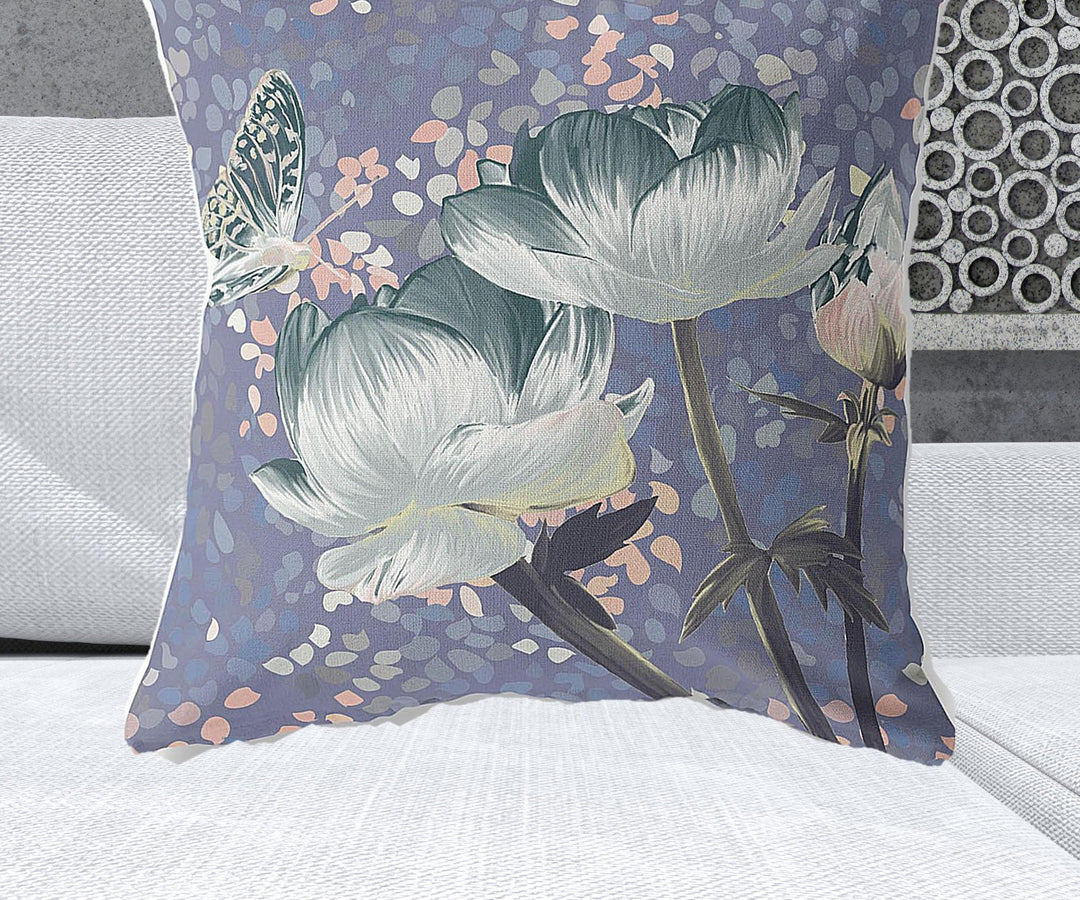 28" x 28" Blue and Gray Butterfly Blown Seam Floral Indoor Outdoor Throw Pillow