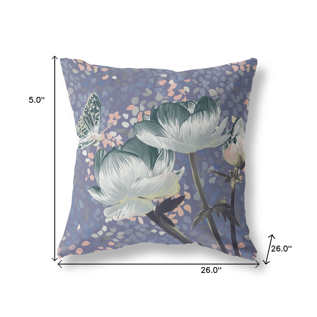 26" x 26" Blue and Gray Butterfly Blown Seam Floral Indoor Outdoor Throw Pillow