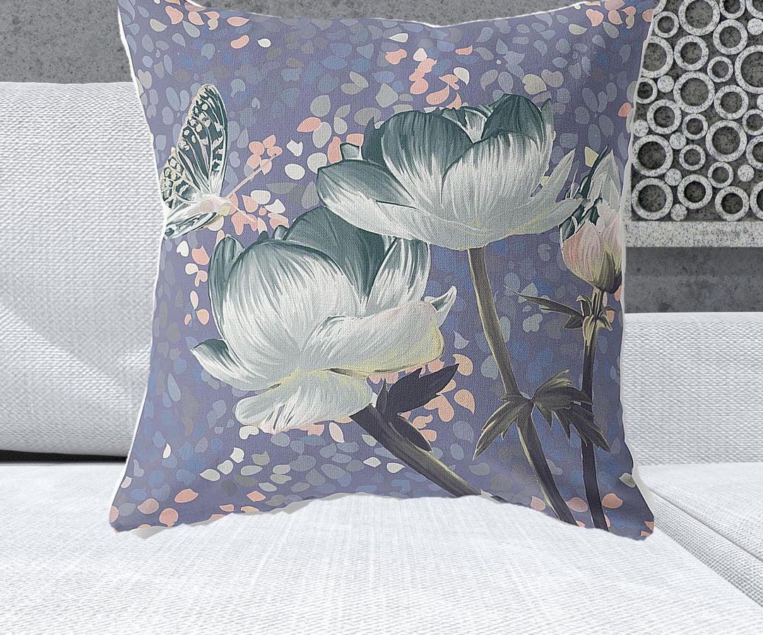 26" x 26" Blue and Gray Butterfly Blown Seam Floral Indoor Outdoor Throw Pillow