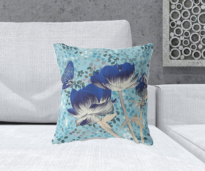 18" x 18" Blue Butterfly Blown Seam Floral Indoor Outdoor Throw Pillow