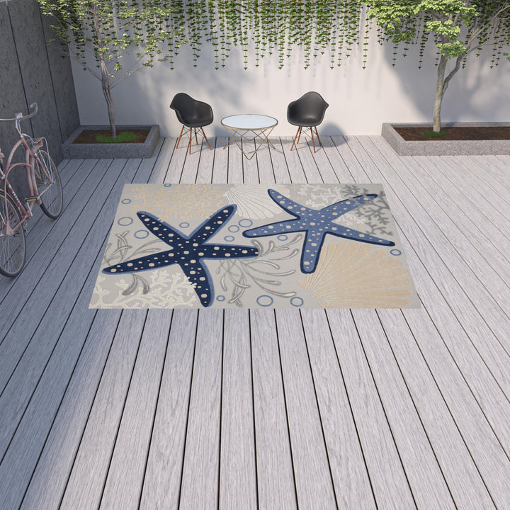 9' x 12' Blue and Gray Starfish Indoor Outdoor Area Rug