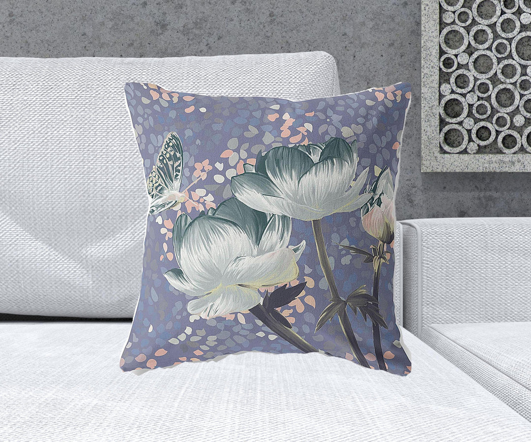 20" x 20" Blue and Gray Butterfly Blown Seam Floral Indoor Outdoor Throw Pillow