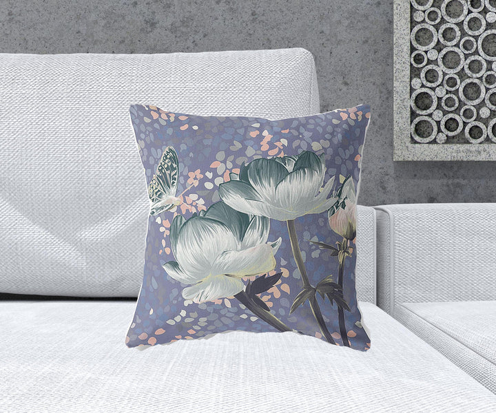 18" x 18" Blue and Gray Butterfly Blown Seam Floral Indoor Outdoor Throw Pillow