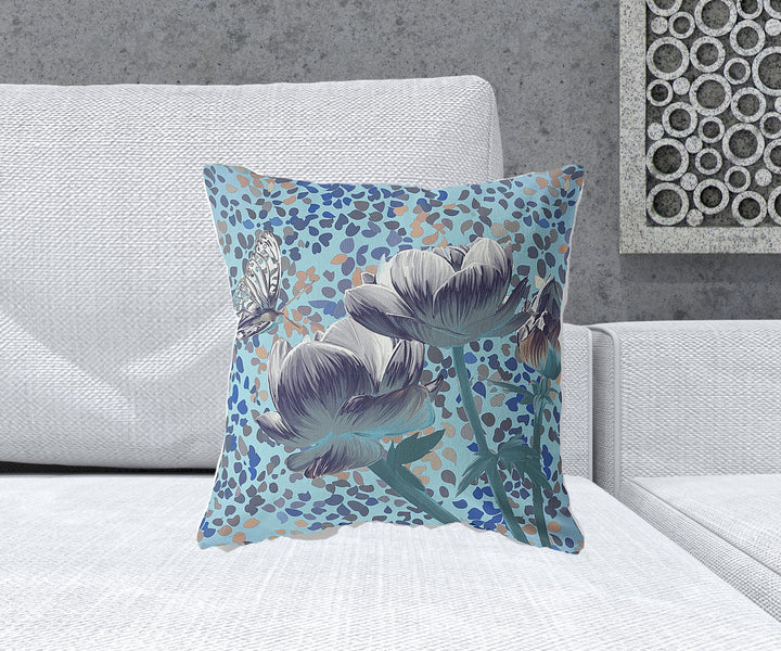 18" x 18" Indigo Butterfly Blown Seam Floral Indoor Outdoor Throw Pillow