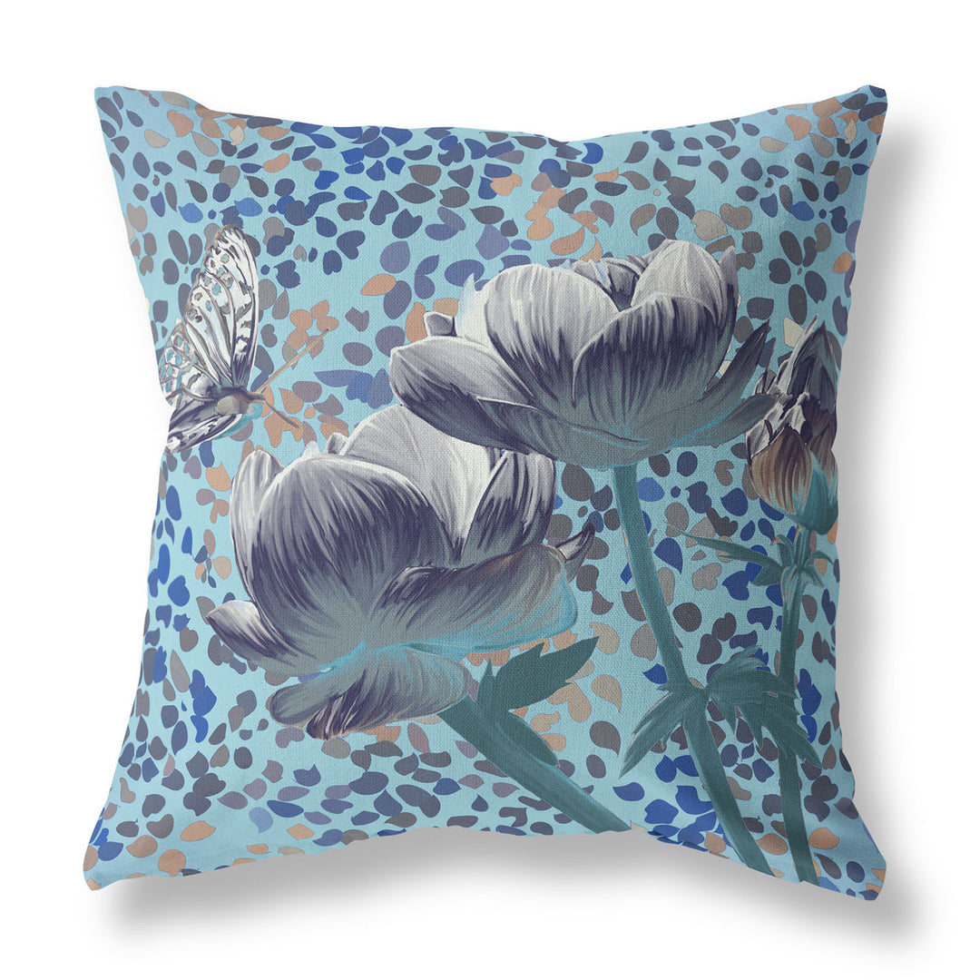 18" x 18" Indigo Butterfly Blown Seam Floral Indoor Outdoor Throw Pillow