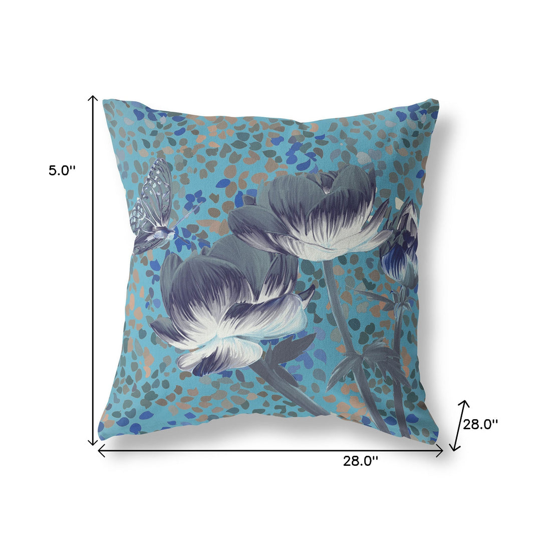 28" x 28" Blue and Green Blown Seam Floral Indoor Outdoor Throw Pillow