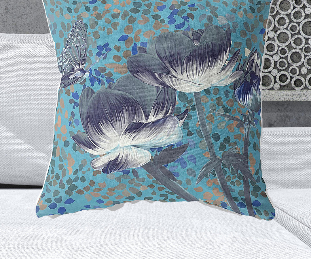 28" x 28" Blue and Green Blown Seam Floral Indoor Outdoor Throw Pillow