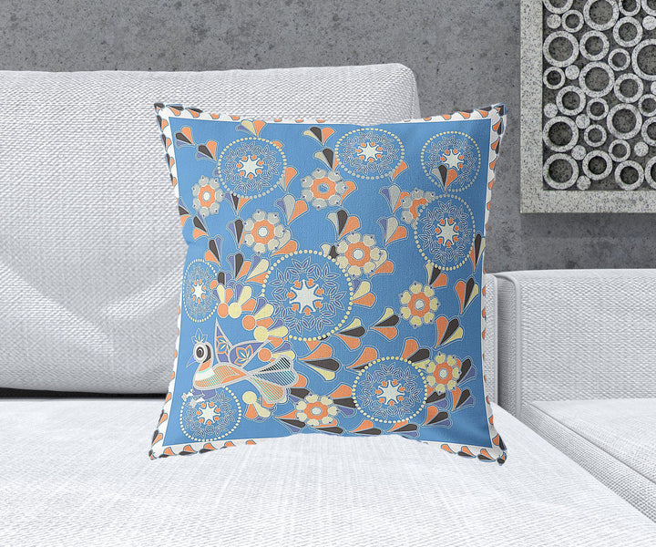 20" x 20" Blue and Orange Peacock Blown Seam Floral Indoor Outdoor Throw Pillow