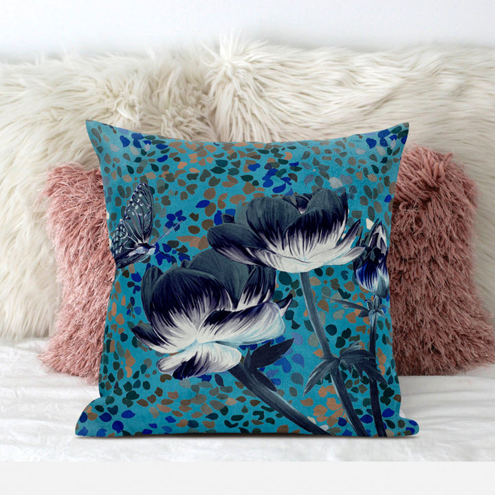 26" x 26" Blue and Green Butterfly Blown Seam Floral Indoor Outdoor Throw Pillow