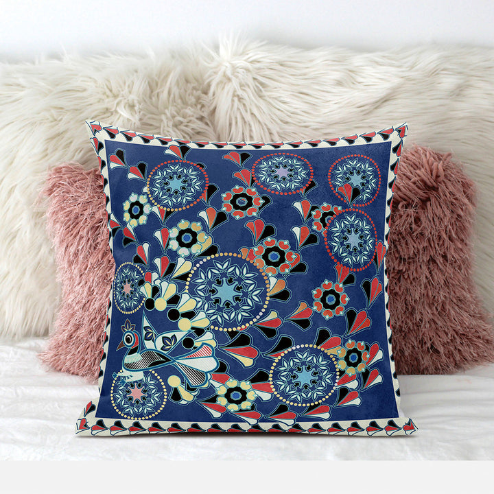 18" x 18" Blue and Off White Peacock Blown Seam Floral Indoor Outdoor Throw Pillow