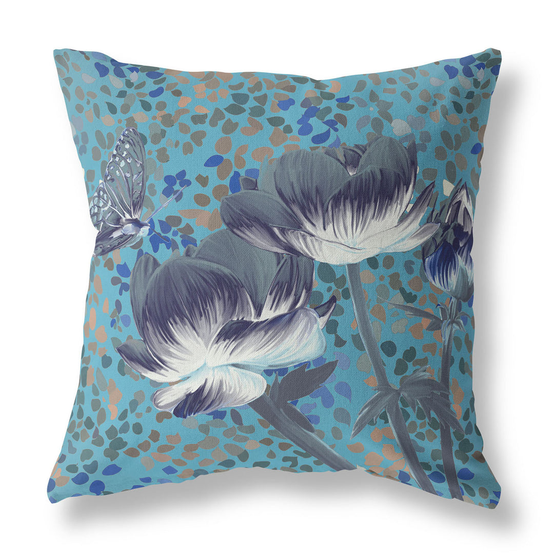 26" x 26" Blue and Green Butterfly Blown Seam Floral Indoor Outdoor Throw Pillow