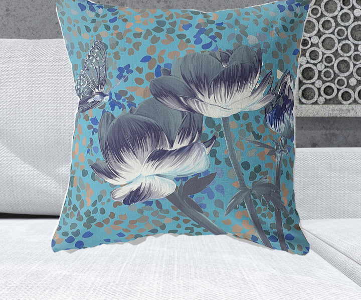 26" x 26" Blue and Green Butterfly Blown Seam Floral Indoor Outdoor Throw Pillow