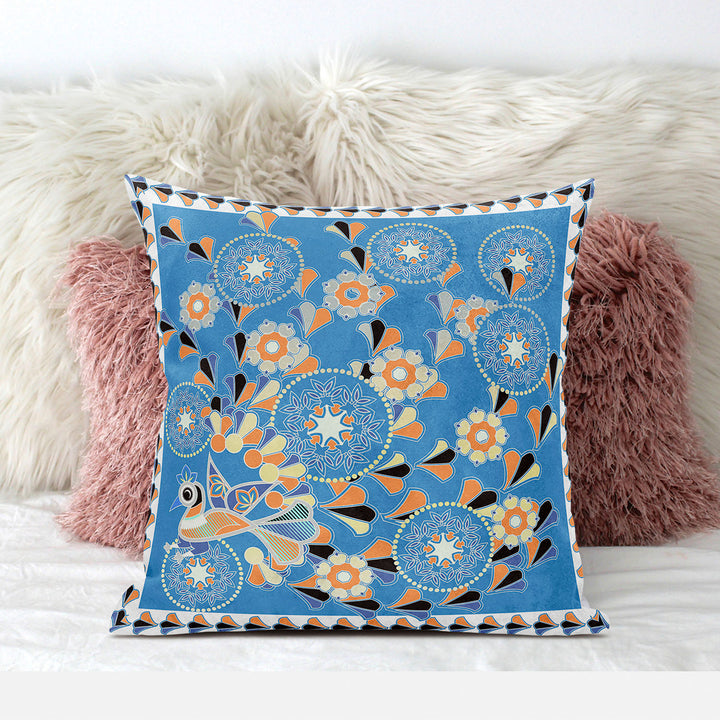 20" x 20" Blue and Orange Peacock Blown Seam Floral Indoor Outdoor Throw Pillow