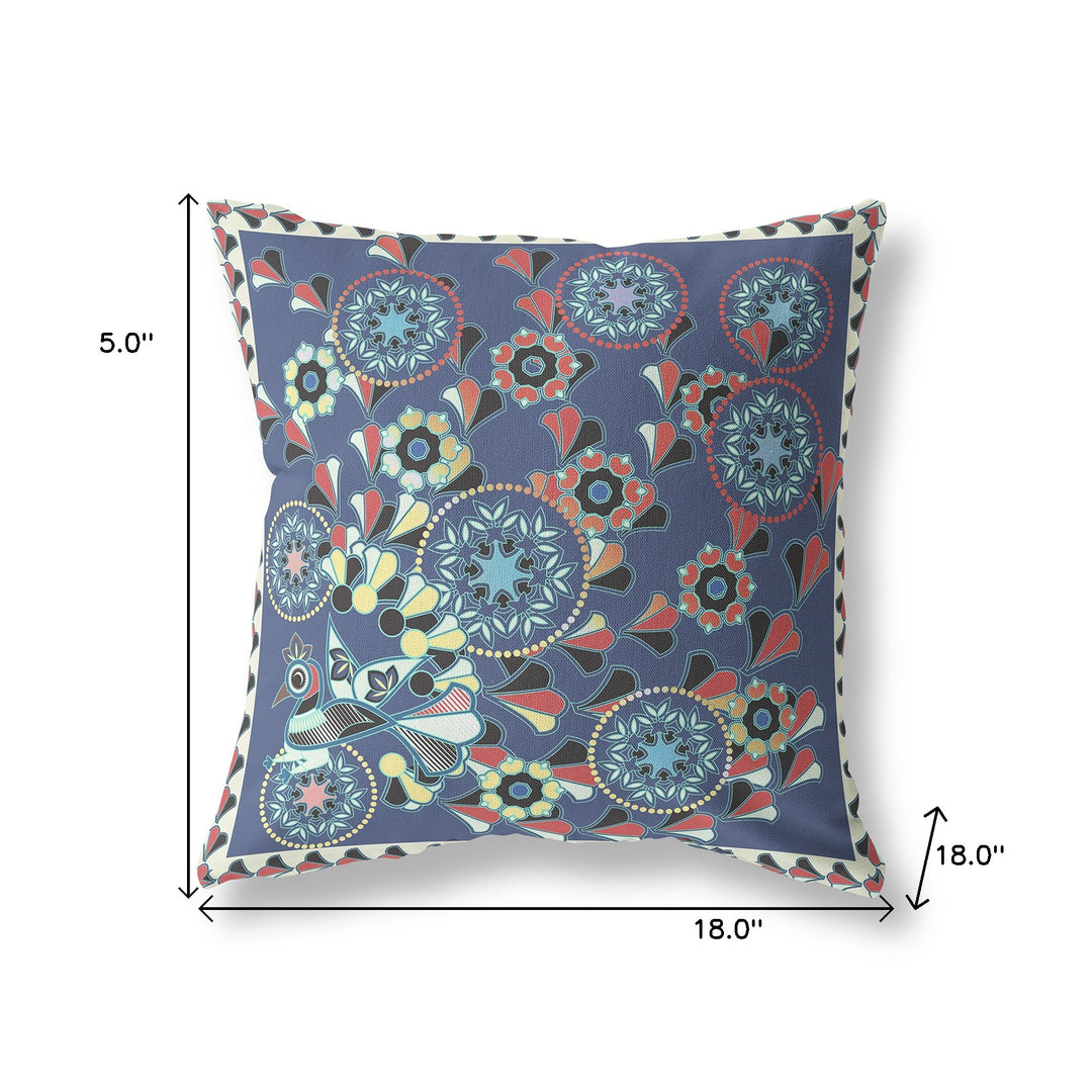 18" x 18" Blue and Off White Peacock Blown Seam Floral Indoor Outdoor Throw Pillow